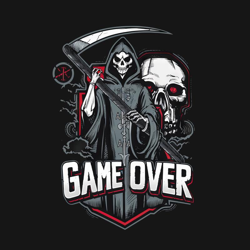 Men's Grim Reaper Game Over Graphic T-Shirt, Gamer Skull Tee, Death Design, Cool Urban Streetwear, Casual Adult Apparel Female T-Shirt