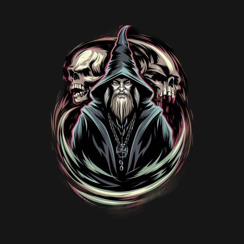 Wizard and Skulls Graphic Tee, Magical Fantasy Art T-Shirt, Dark Sorcerer Men's Apparel, Unique Gothic Fashion Top, Gift for Gamers Female T-Shirt