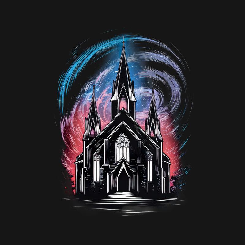 Gothic Church Graphic Tee, Colorful Artwork T-Shirt, Unisex Casual Wear, Street Style Apparel, Artistic Design Top, Unique Illustration Shirt Female T-Shirt