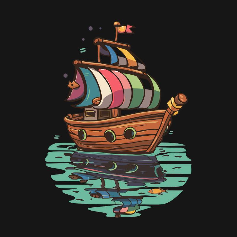 Colorful Nautical Adventure Sailing Ship Cartoon Graphic T-Shirt Design Female T-Shirt