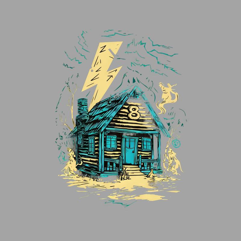 Vintage Cabin Illustration T-Shirt, Rustic House with Lightning Art Tee, Nature Lover Graphic Shirt, Unisex Clothing Female T-Shirt