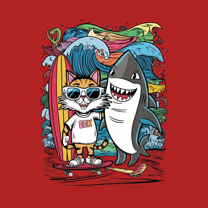 Colorful Surfing Cat and Smiling Shark Cartoon Graphic T-Shirt, Unisex Fun Beach Tee, Vibrant Summer Shirt, Casual Skateboard Top Male T-Shirt