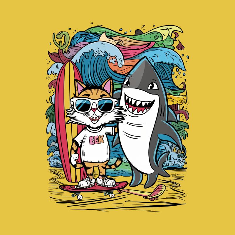 Colorful Surfing Cat and Smiling Shark Cartoon Graphic T-Shirt, Unisex Fun Beach Tee, Vibrant Summer Shirt, Casual Skateboard Top Female T-Shirt