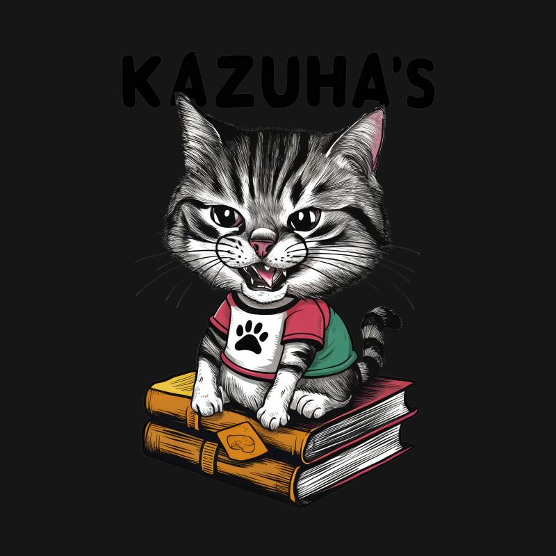 Cute Cat T-Shirt, Kazuha's Funny Feline on Books, Kitten Tee, Cat Lover Gift, Pet Illustration Shirt, Unisex Graphic Tee, Casual Wear Male T-Shirt