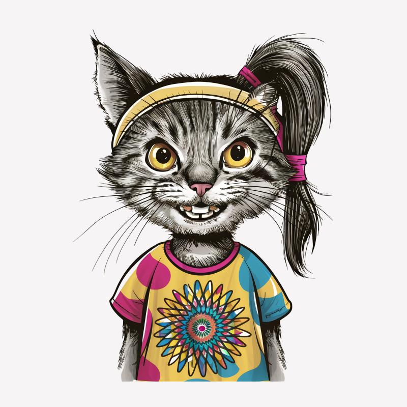 Whimsical Cat in Tie-Dye Shirt, Cute Graphic Tee, Feline Lover Casual Wear, Unisex T-Shirt Male T-Shirt