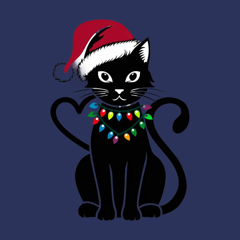 Christmas Cat T-shirt, Cute Santa Hat Kitty, Festive Holiday Lights Tee, Unisex Xmas Gift Top, Black Cat Lovers Apparel, Casual Wear Male T-Shirt