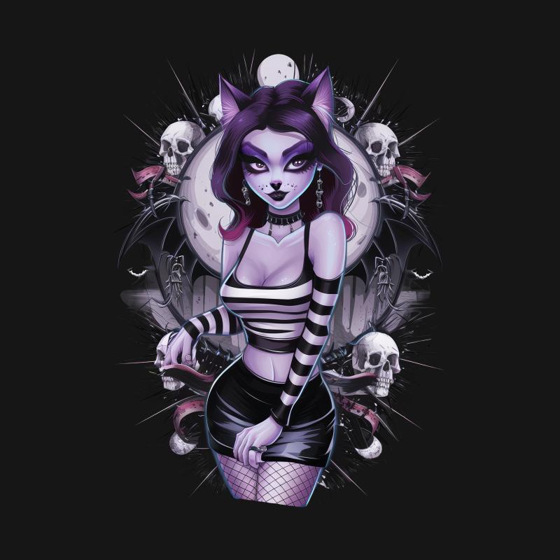 Gothic Cat Girl T-Shirt, Dark Fantasy Art, Skull Moon Graphic Tee, Alternative Fashion, Women's Fitted Tee, Unique Illustration Top Male T-Shirt