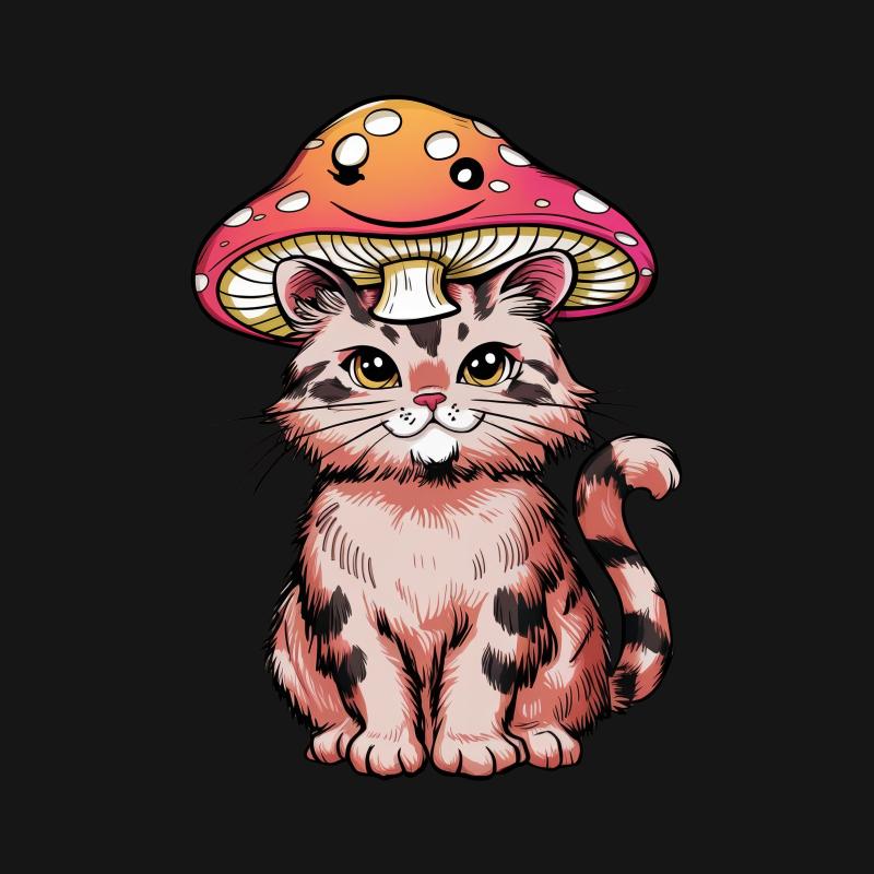 Whimsical Cat Mushroom Hat T-Shirt, Cute Feline Graphic Tee, Unisex Fantasy Cat Lover Shirt Gift Male T-Shirt