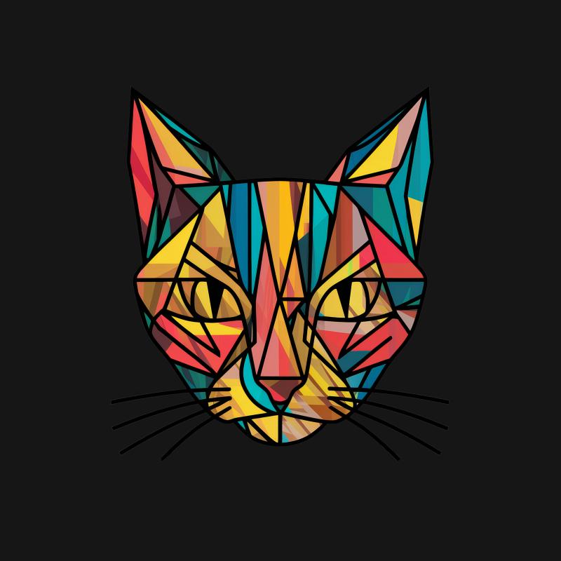 Colorful Geometric Cat Face T-Shirt, Artistic Abstract Animal Print Tee, Unisex Casual Graphic Shirt for Cat Lovers Male T-Shirt