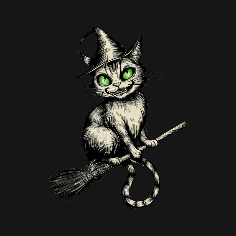 Whimsical Witch Cat T-Shirt, Halloween Kitty on Broom, Unisex Graphic Tee, Enchanted Feline Apparel, Green Eyes Cat Lover Gift Male T-Shirt