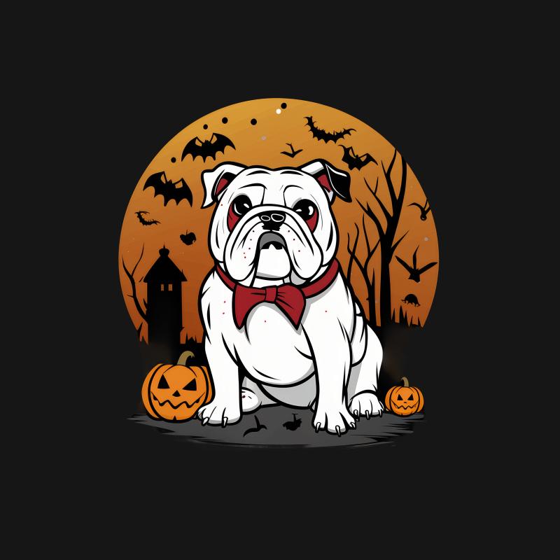 Halloween Bulldog T-Shirt, Cute Dog in Bow Tie, Autumn Spooky Season Tee, Pumpkin and Bats Graphic Shirt, Animal Lover Gift Top Female T-Shirt