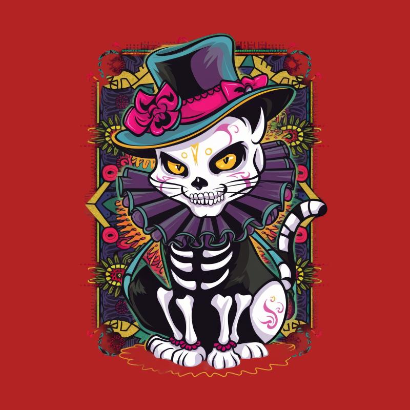 Day of the Dead Cat T-Shirt, Skeleton Feline with Top Hat, Floral Cat Lover Tee, Unique Halloween Costume, Dia de Muertos Apparel Male T-Shirt