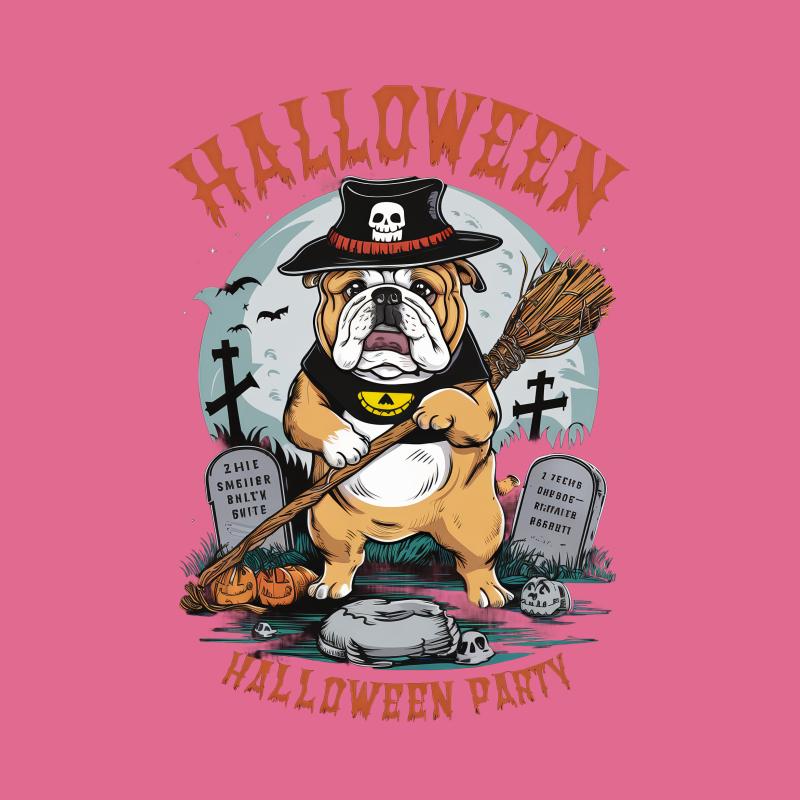 Halloween Bulldog T-Shirt, Funny Dog Costume Party Tee, Spooky Halloween Witch Dog Shirt, Unisex Halloween Graphic Tee Male T-Shirt