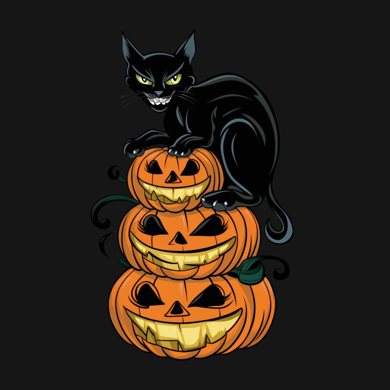 Halloween Cat and Pumpkin Stack Graphic Tee, Spooky Black Cat T-Shirt, Autumn Holiday Apparel for All Ages Female T-Shirt