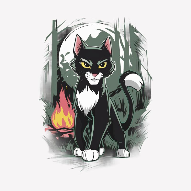 Cool Cat T-Shirt, Graphic Tee, Forest Adventure, Feline Fire Camp, Unisex Clothing, Nature Inspired, Casual Style, Unique Design, Gift Male T-Shirt