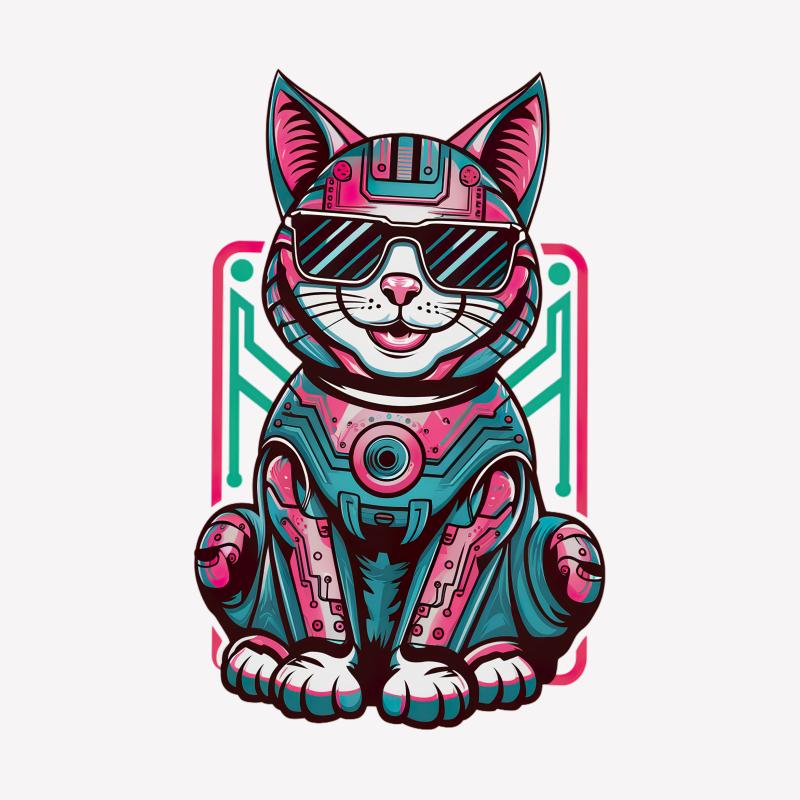 Cyber Kitty T-Shirt, Cool Neon Robot Cat Tee, Unisex Graphic Shirt, Futuristic Cyberpunk Clothing, EDM Festival Wear Male T-Shirt