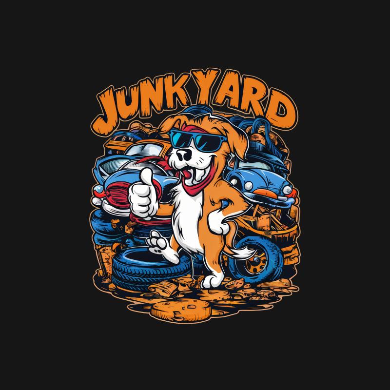 Junkyard Dog Cartoon T-Shirt, Cool Dog with Sunglasses Graphic Tee, Automotive Enthusiast, Unisex Apparel Male T-Shirt