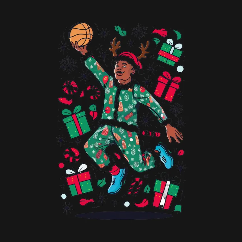 Festive Christmas T-Shirt with Joyful Basketball Player, Holiday Gifts and Snowflakes Design Female T-Shirt