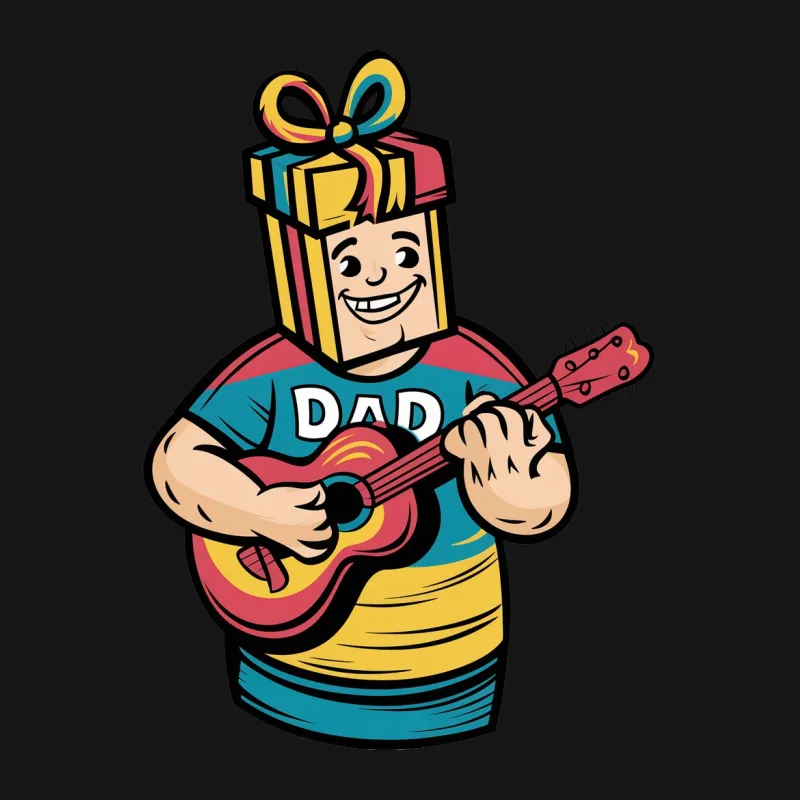 Cartoon Dad with Guitar Gift Box T-Shirt, Fun Musical Dad Tee, Colorful Father's Day Special Shirt Female T-Shirt