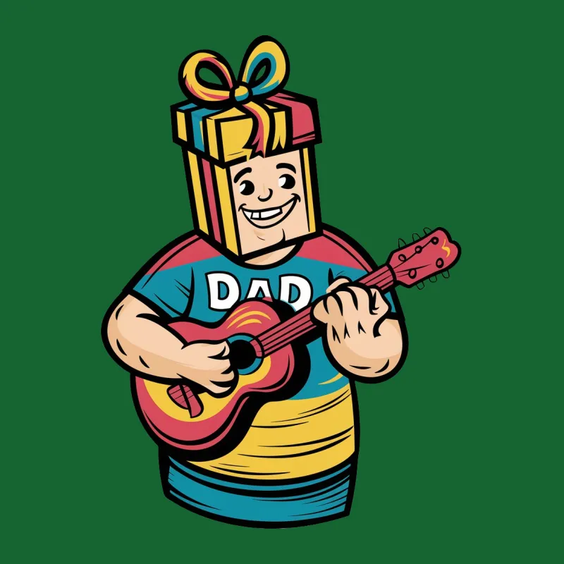 Cartoon Dad with Guitar Gift Box T-Shirt, Fun Musical Dad Tee, Colorful Father's Day Special Shirt Male T-Shirt