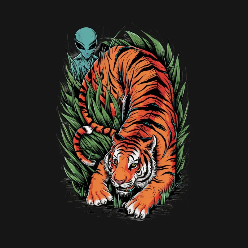 Alien and Tiger Graphic T-Shirt for Men and Women, Unique Extraterrestrial and Jungle Animal Design Male T-Shirt