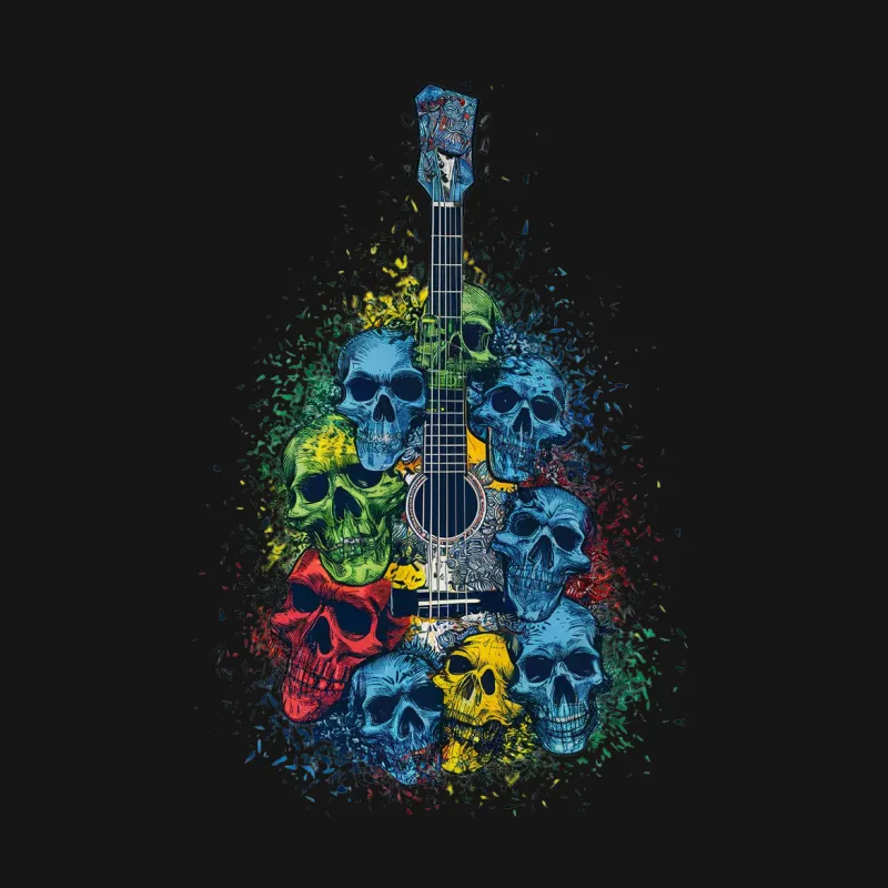 Colorful Skulls and Guitar T-Shirt, Unique Graphic Rock Music Tee, Artistic Skull Design Unisex Apparel Female T-Shirt