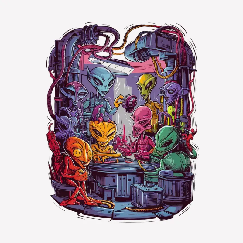 Colorful Alien Gathering Art T-Shirt, Unique Sci-Fi Space Extraterrestrial Design, Unisex Graphic Tee Female T-Shirt