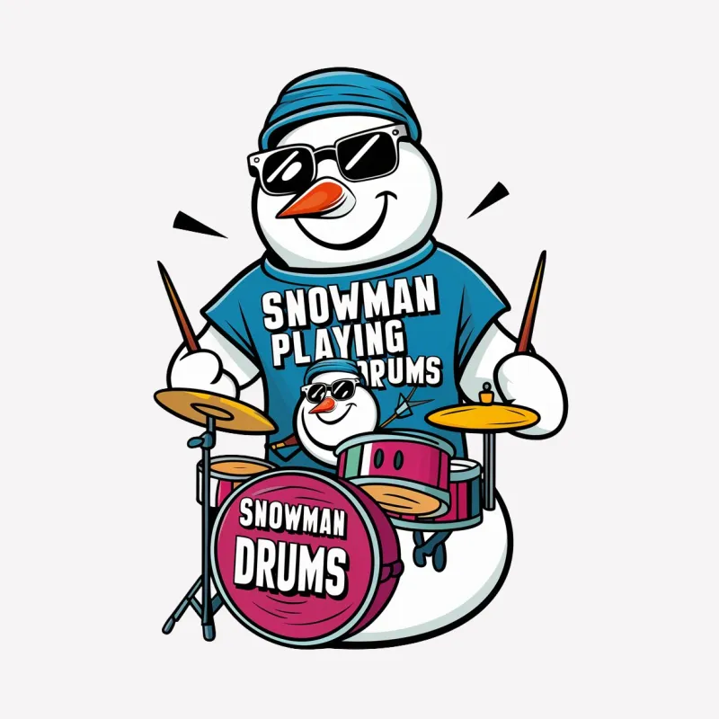 Cool Snowman Drummer T-Shirt, Unique Winter Musical Tee, Cartoon Snowman Playing Drums Graphic Shirt Male T-Shirt