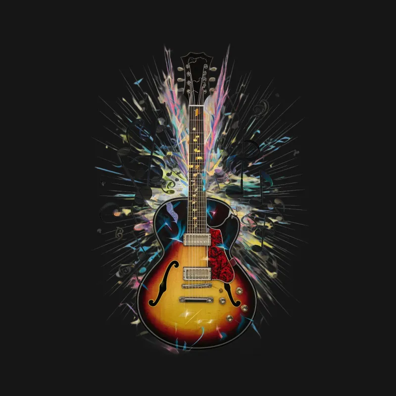 Electric Guitar T-Shirt with Music Notes Explosion, Colorful Musician Gift, Unisex Graphic Tee Female T-Shirt