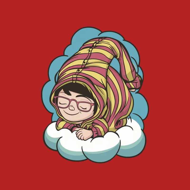 Cute Cartoon Girl in Striped Hat Sleeping on Clouds, Whimsical Kids T-Shirt Design Male T-Shirt