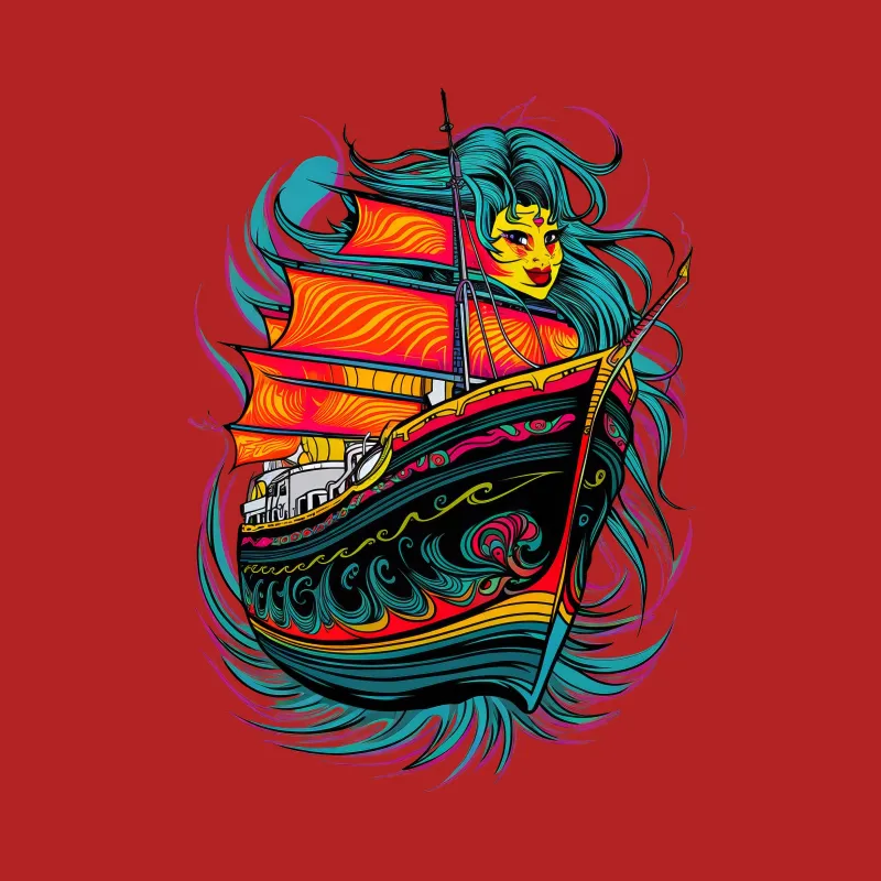 Colorful Mermaid and Sailing Ship Graphic Tee, Nautical Fantasy T-Shirt, Unisex Ocean Themed Apparel Female T-Shirt