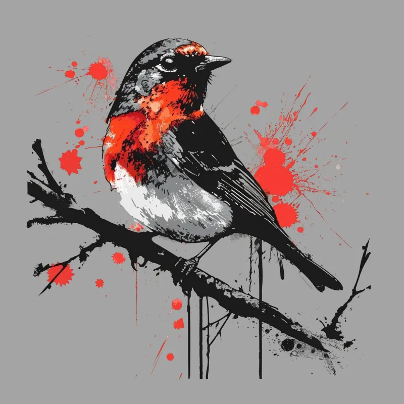 Abstract Red Robin Bird Art T-Shirt, Splatter Paint Nature Tee, Unisex Birdwatcher Gift Shirt, Casual Wildlife Lover Apparel Male T-Shirt