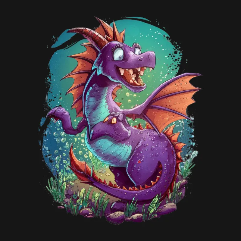 Purple Dragon Cartoon T-Shirt, Fun Fantasy Creature Design Tee, Kids and Adults Whimsical Apparel Male T-Shirt