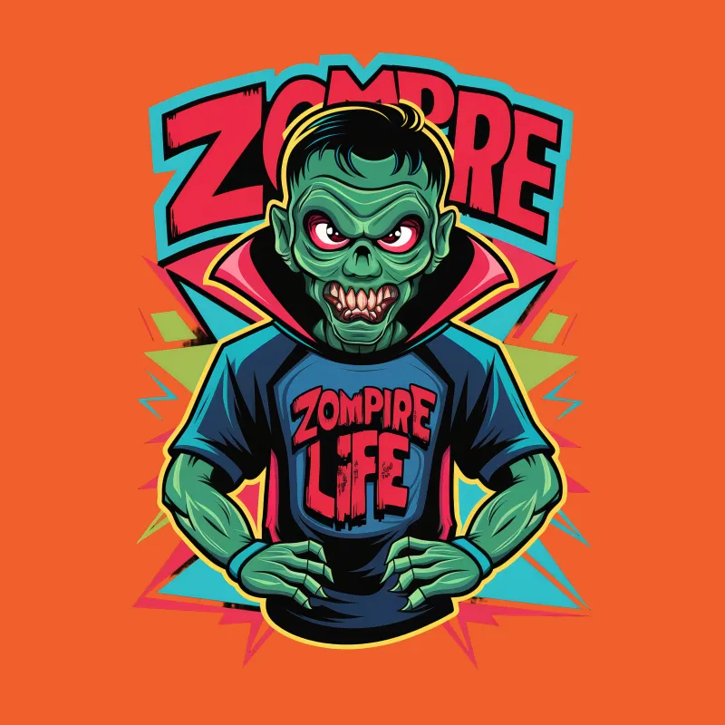 Zompire Life Graphic Tee, Unisex Vampire Zombie Shirt, Bold Colorful Casual Streetwear, Unique Illustration Fashion Top, Gift for Geeks Male T-Shirt