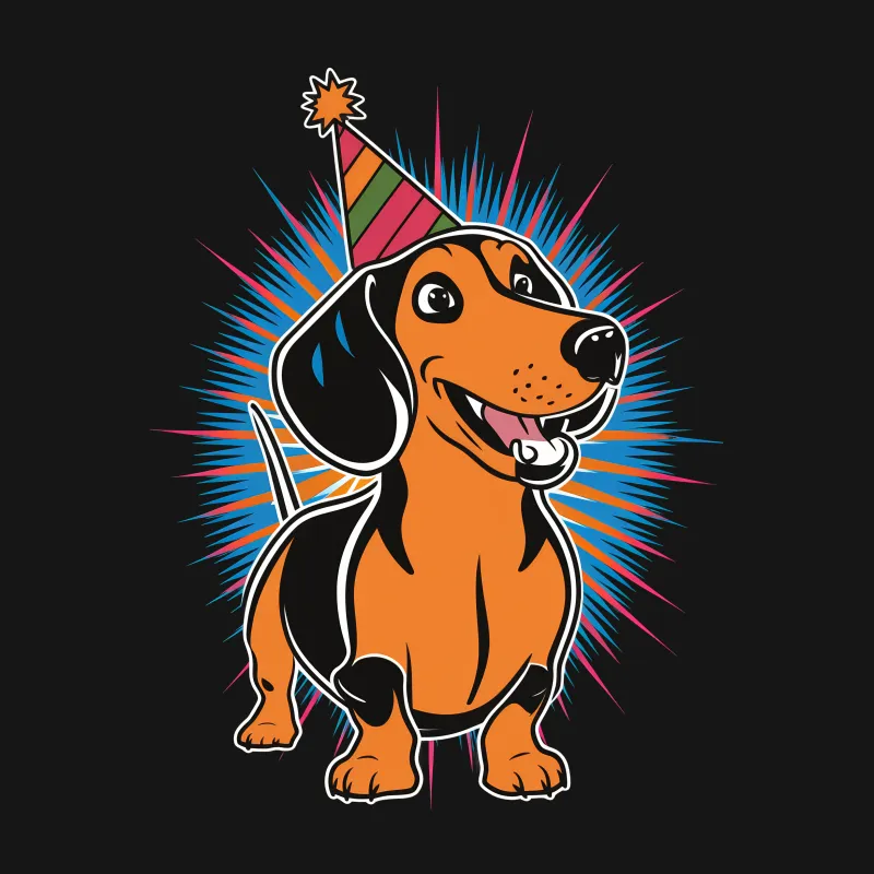 Colorful Dachshund Dog T-Shirt, Happy Birthday Party Hat Graphic Tee, Cartoon Wiener Dog Lover Gift, Unisex Adult Apparel Female T-Shirt