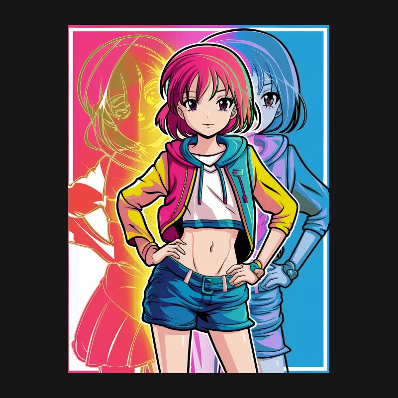 Vibrant Anime Style T-Shirt Featuring Colorful Girl Characters in Stylish Outfit Male T-Shirt