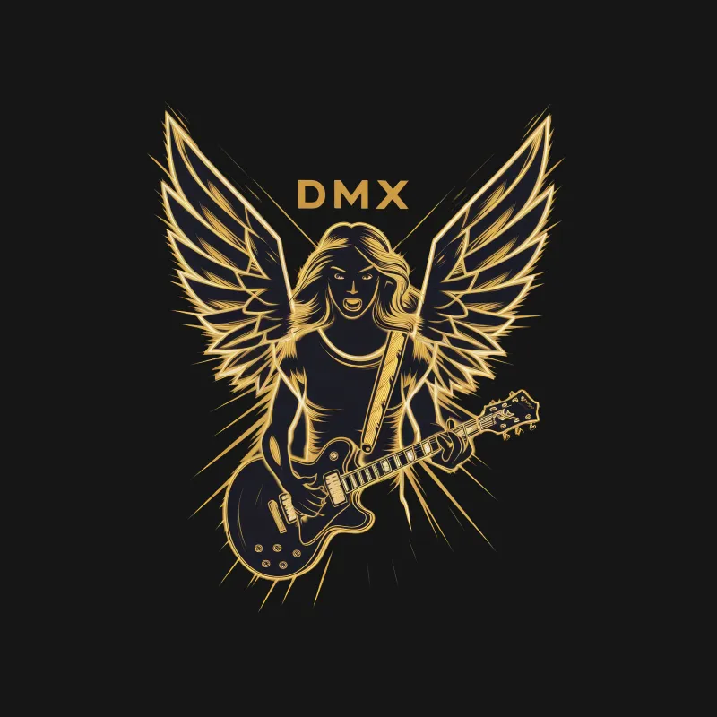 Angelic Rocker Graphic Tee, Gold Winged Guitarist Print, DMX Inspired Music Lover Shirt Male T-Shirt