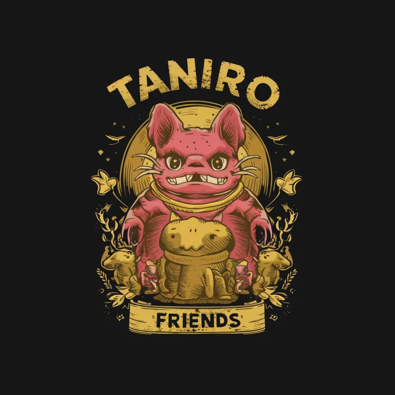 Tanjiro Friends Graphic T-Shirt, Red Creature and Golden Text, Unique Cartoon Character Design Tee Male T-Shirt