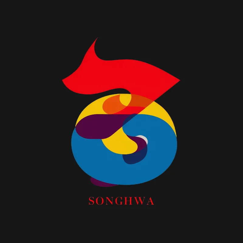 Songhwa Abstract Art T-Shirt, Vibrant Red Blue Korean Style Unisex Tee Male T-Shirt