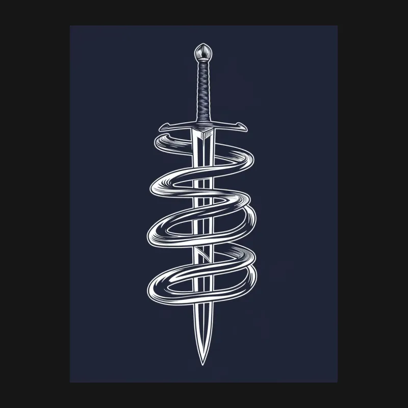 White Sword and Serpent Design T-Shirt, Stylish Unisex Fantasy Graphic Tee, Dark Navy Background Male T-Shirt