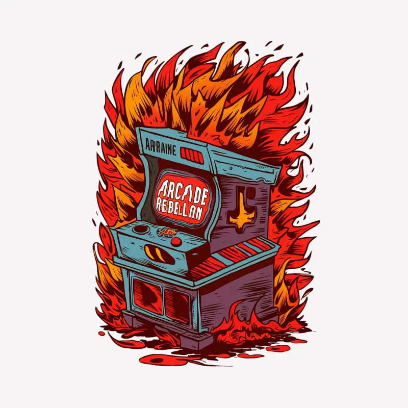 Vintage Arcade Machine T-Shirt, Retro Gaming Tee, Console Flames Graphic, Unisex Male T-Shirt