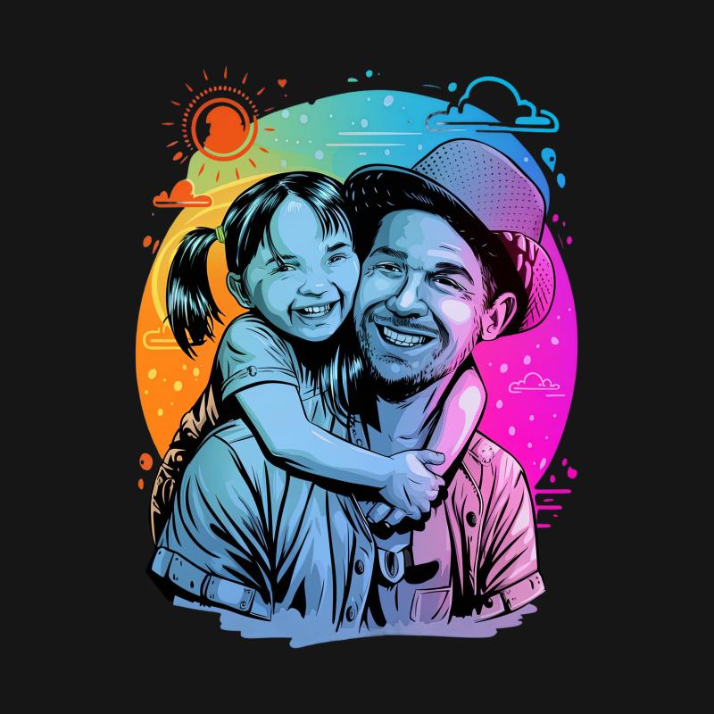 Colorful Father Daughter Love Graphic Tee, Bright Family Bonding T-Shirt, Unique Dad Gift Male T-Shirt