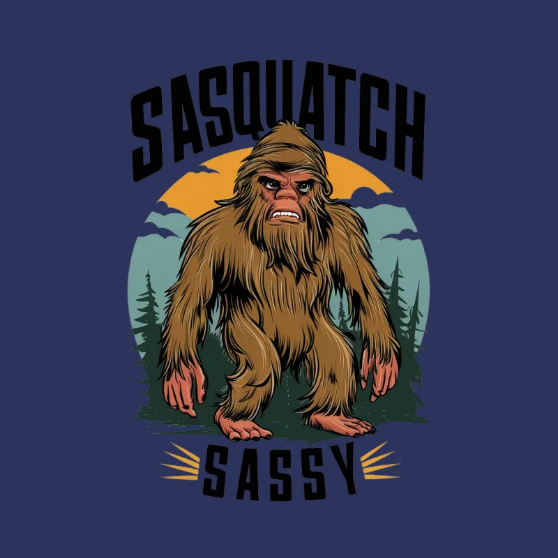 Sassy Sasquatch Graphic T-Shirt, Funny Bigfoot Tee, Retro Style, Nature Background, Unisex Male T-Shirt