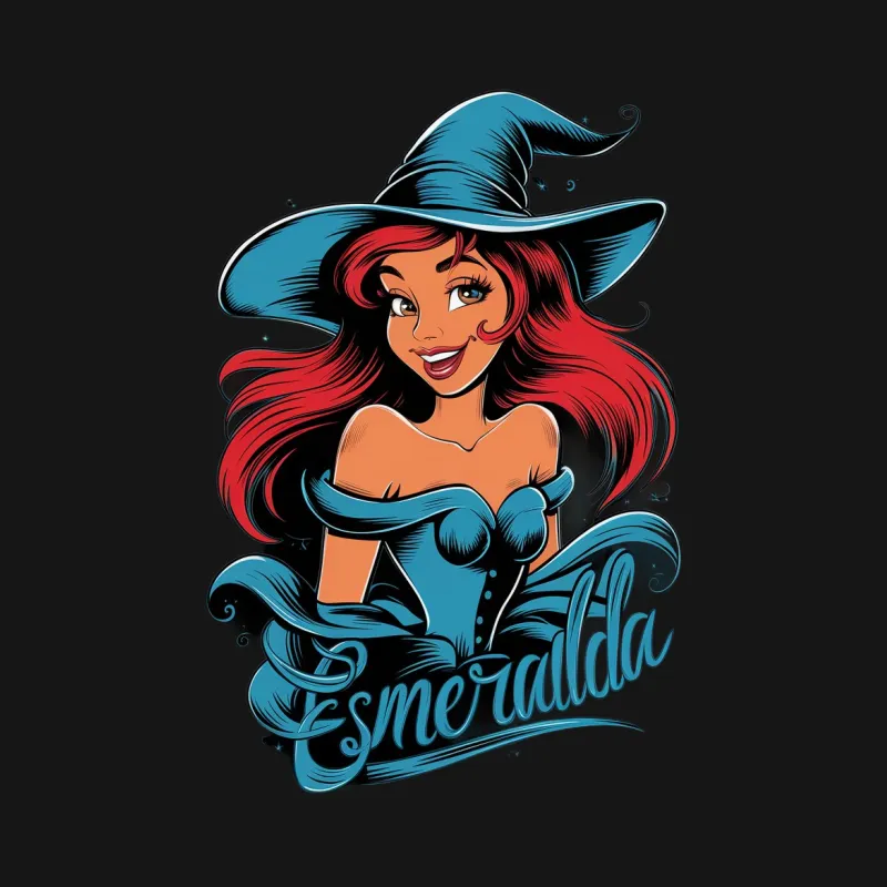 Esmeralda Witch Graphic T-Shirt, Colorful Witch Hat Design, Stylish Halloween Tee, Blue and Red Male T-Shirt