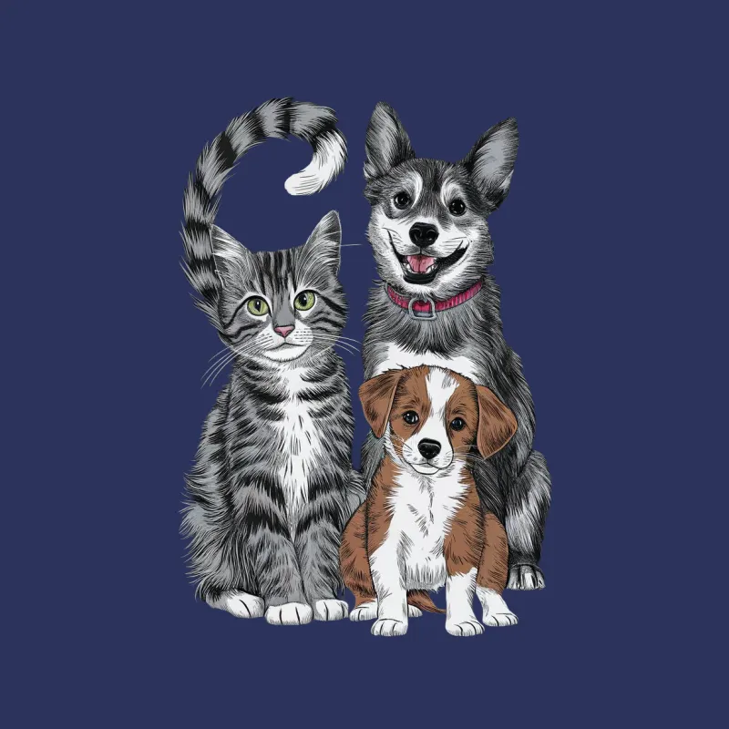 Cute Cat and Dogs T-Shirt, Animal Lover Graphic Tee, Pet Illustration Top Male T-Shirt