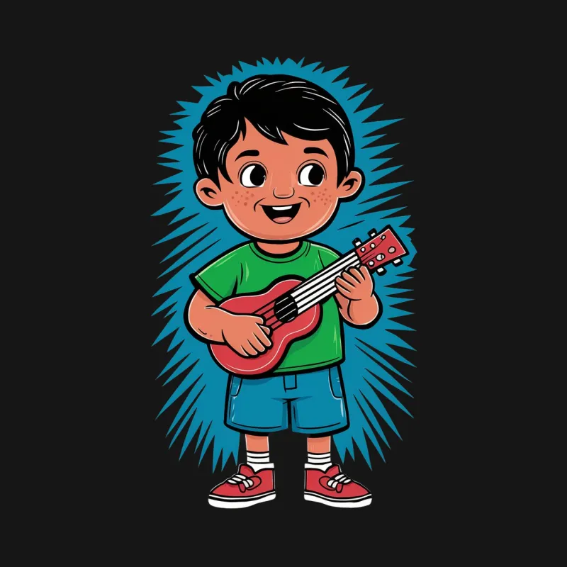 Kids Ukulele T-Shirt, Cute Cartoon Boy Playing Guitar, Colorful Music Tee for Children, Boys' Summer Top Female T-Shirt