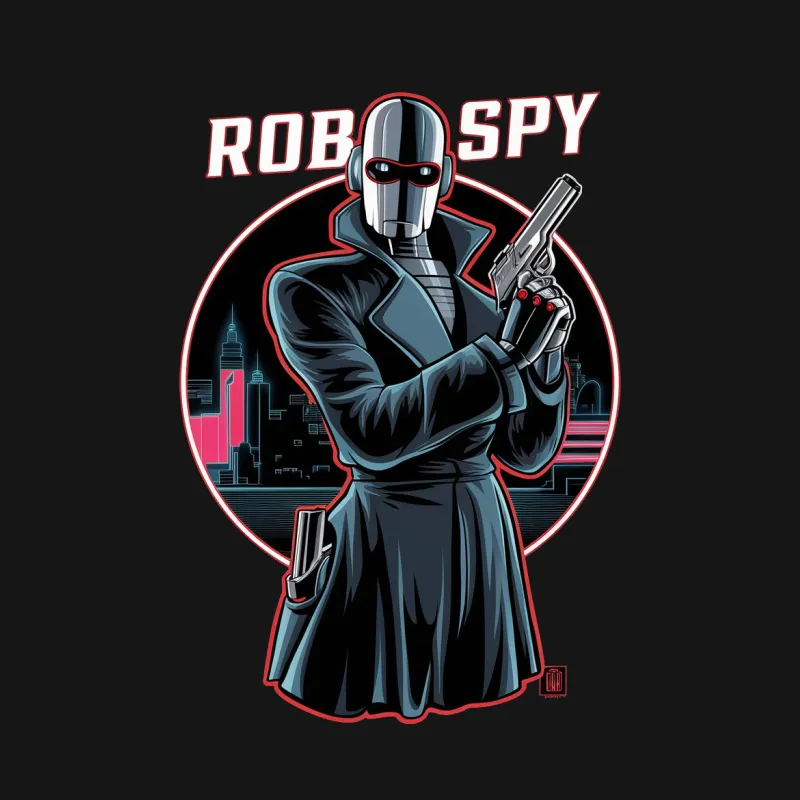 Robo Spy Graphic T-Shirt, Futuristic Robot with Gun, Cyberpunk Tee, Sci-Fi Apparel, Urban City Background, Unique Art Shirt Female T-Shirt