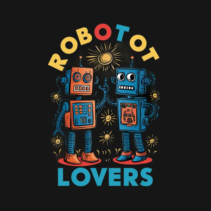 Retro Robot Lovers T-Shirt, Vintage Tech Art, Nostalgic Couple Robots, Fun Geeky Fashion, Unique Graphic Design Top, Casual Wear Male T-Shirt