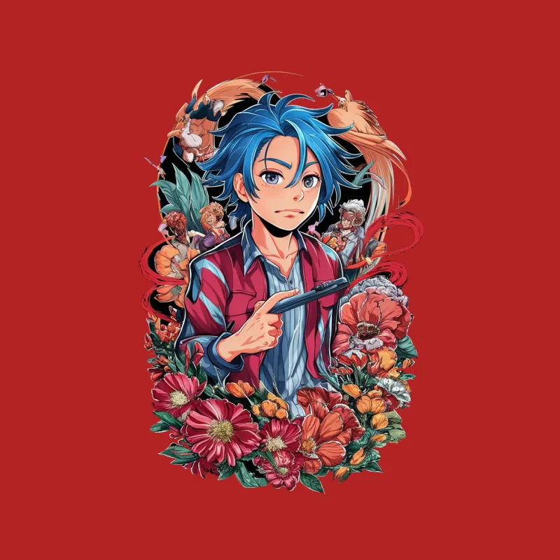 Anime Boy with Sword Floral Frame Graphic Tee, Colorful Youthful Manga Art T-Shirt, Trendy Pop Culture Apparel Male T-Shirt