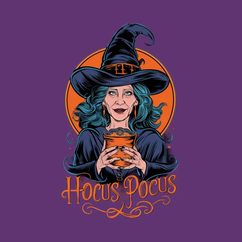 Hocus Pocus Witch Graphic T-Shirt, Halloween Witch with Cauldron, Spooky Season Apparel, Unique Fall Festival Clothing Male T-Shirt